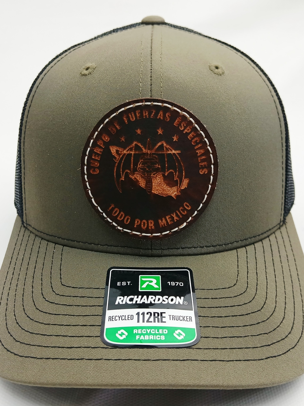 Richardson Olive Green Trucker Hat with Leather Patch